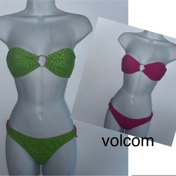 Volcom 2 pc Bandeau Bikini XS Swimsuit Reversible Pink Green Set - Picture 1 of 12